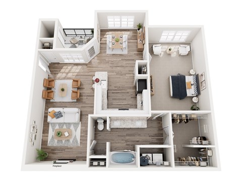 Floor plan for 1 bed, 1 bath, 932 sqft